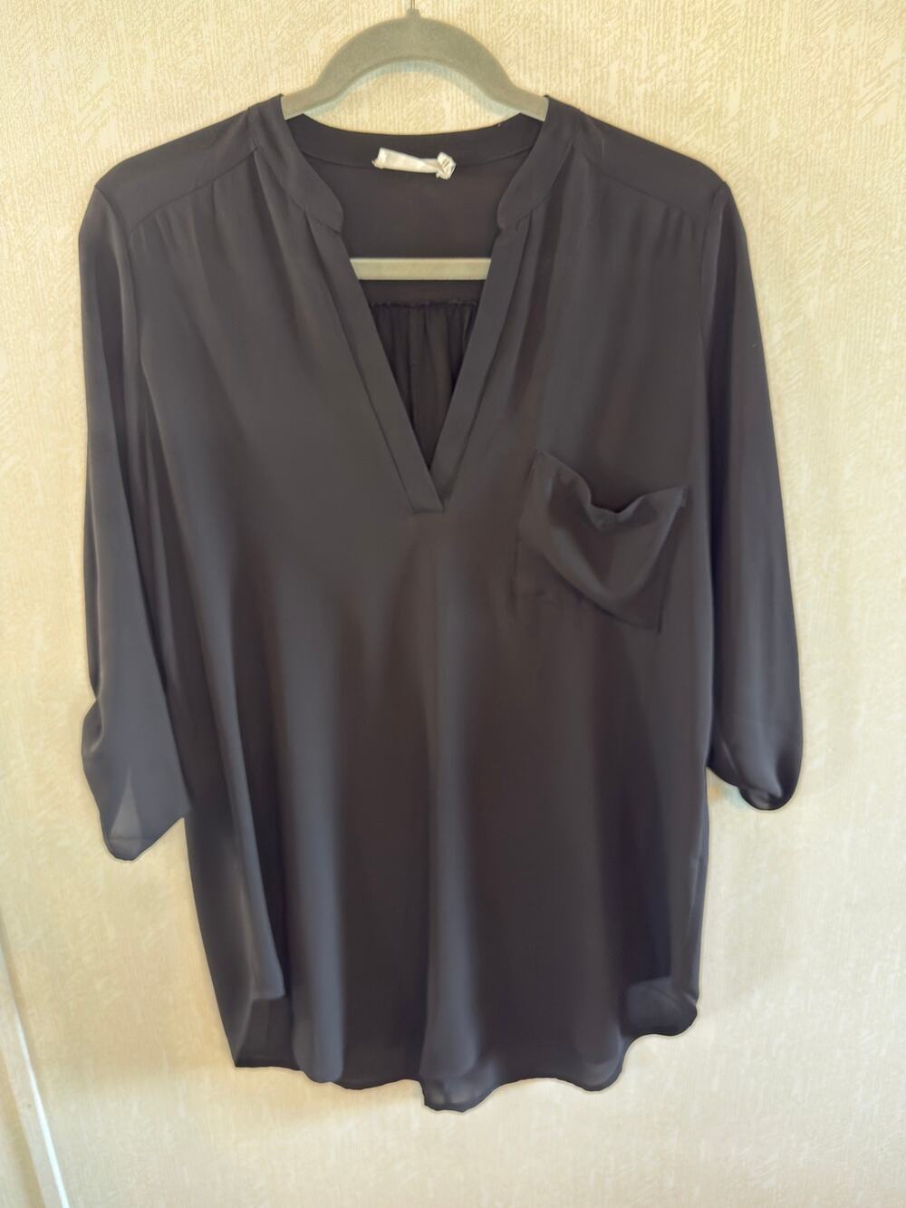 LUSH Black V Neck Roll Tab Sleeve Blouse Tunic Size Medium